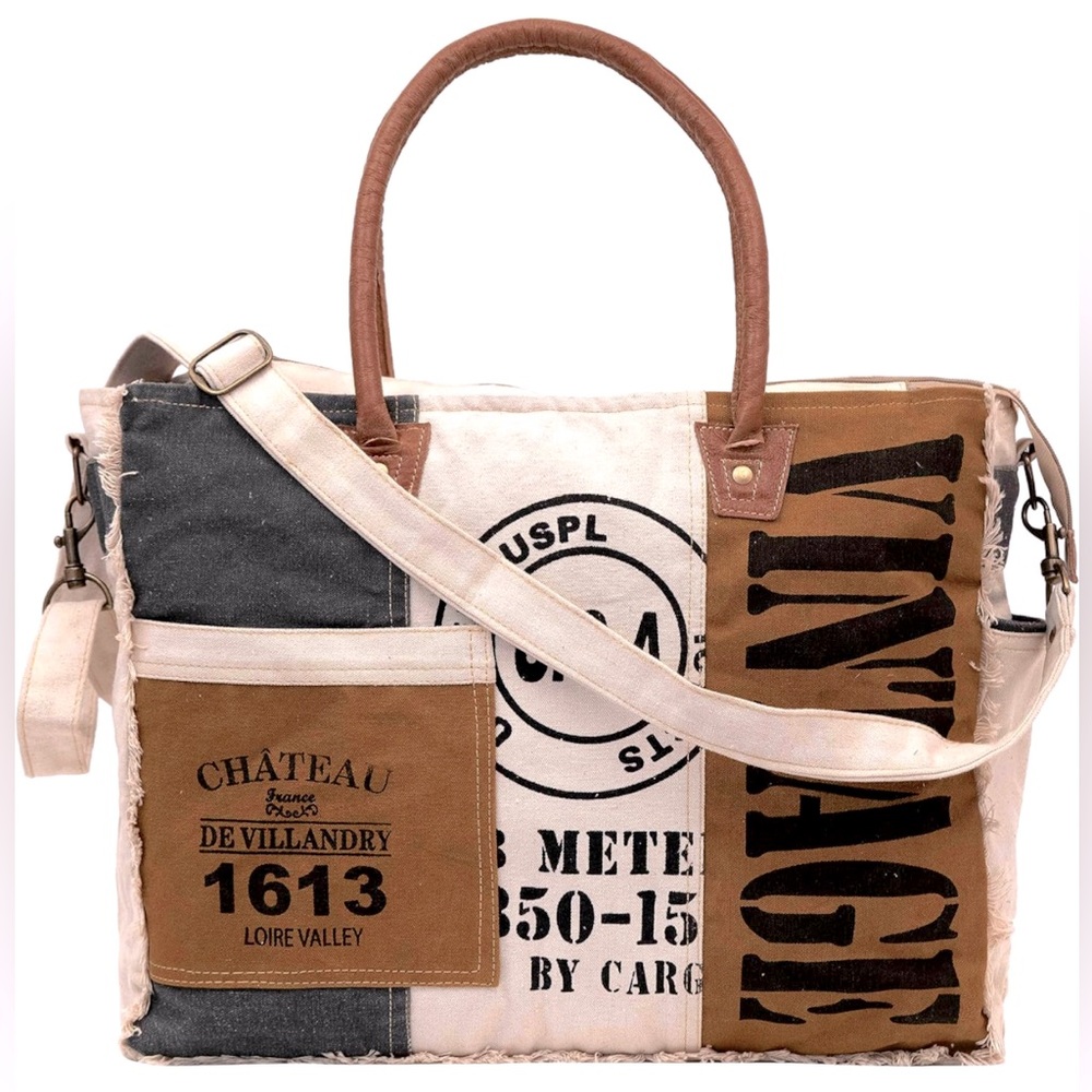 Upcycled Retro Grunge Genuine Leather & Canvas Tote Bag (Large/X-Large)
